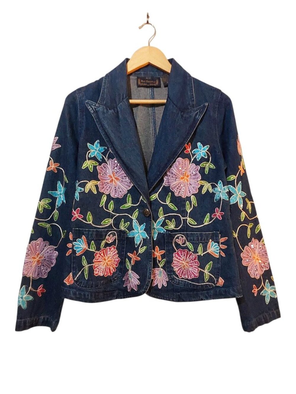 Vintage Y2K New Directions Floral Embroidered Jean Blazer Boho/Cottagecore - S